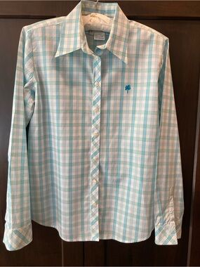 Lilly Pulitzer White Label Plaid Button-Down Shirt White/Blue/Green sz 12